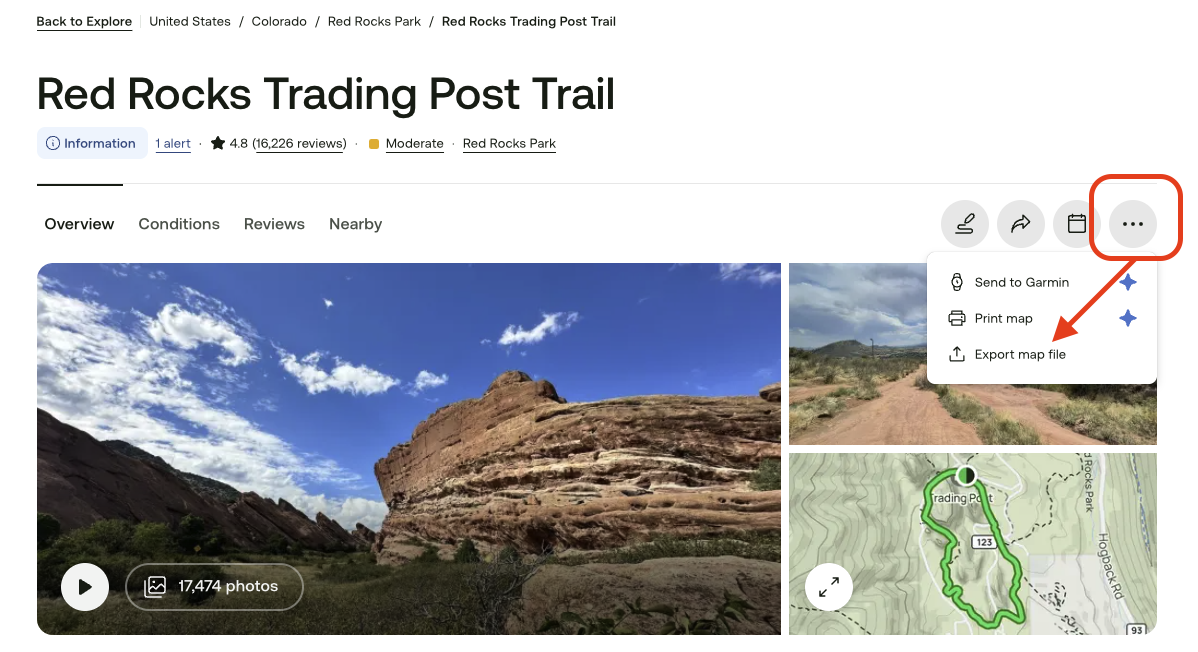 AllTrails: ... menu with Export map file highlighted