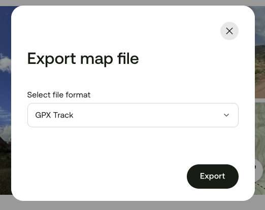 AllTrails: export modal with GPX Track selected