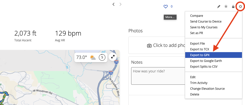 Garmin Connect: gear menu with Export to GPX highlighted