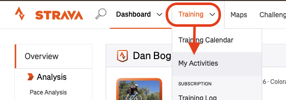 Strava: Training menu with My Activities highlighted