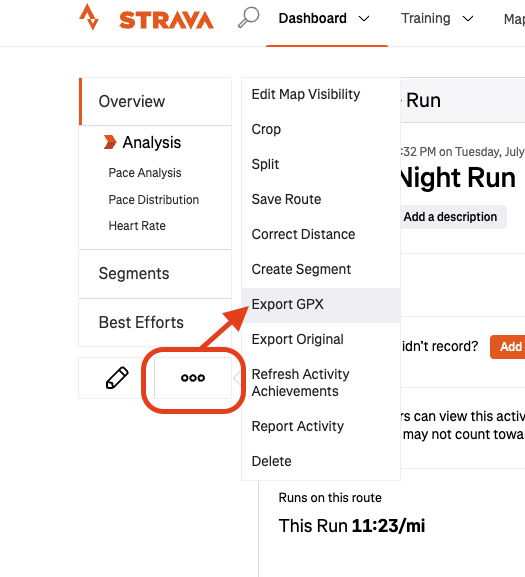 Strava: activity ... menu with Export GPX highlighted