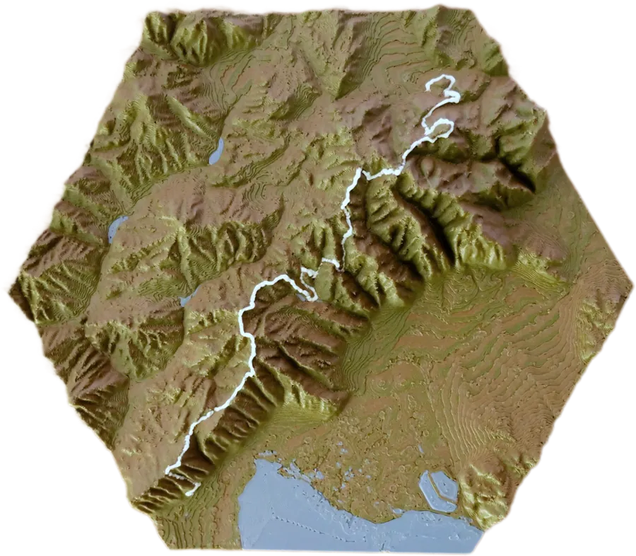 A Topofirma sculpture of a trail through the mountains, seen from above